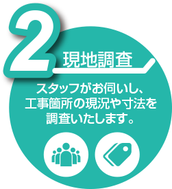 現地調査:スタッフがお伺いし、工事箇所の現況や寸法を調査いたします。