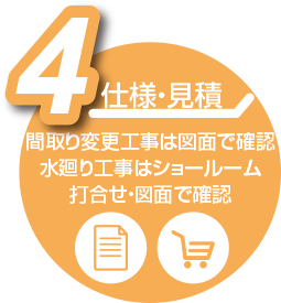 仕様確認・見積提出:間取り変更工事は図面で確認(数回の打合せが必要)水廻り工事はショールーム打合せ・図面で確認
